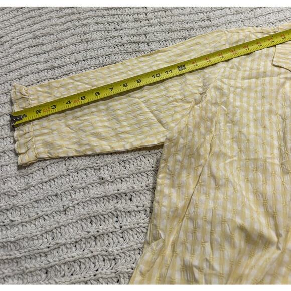 Denim & Co Button Up Shirt Butter Yellow White Plaid Womens Sz Medium Ruffle Hem - Picture 3 of 7